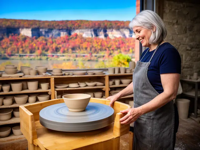 A woman with short silver hair beside new equipment in a small pottery and craft shop.