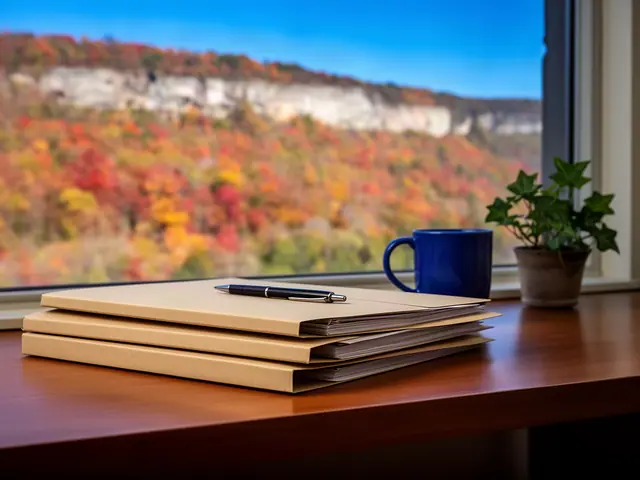 A neat stack of closed manila folders and a pen on a desk by a window.