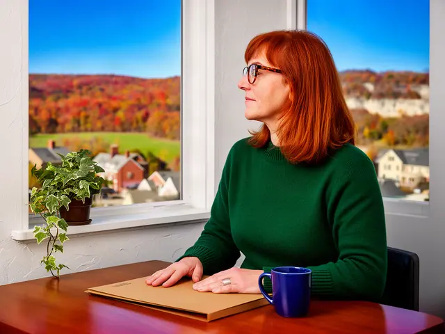A woman with shoulder-length auburn hair and tortoiseshell glasses at a desk with a folder and a mug in a small back office.