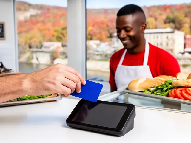 A customer taps a card on a counter terminal at a small sandwich shop.