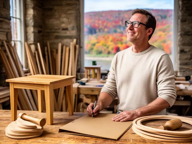 A man with short brown hair and black-framed glasses at a work table with a closed folder in a small barrel-furniture workshop.